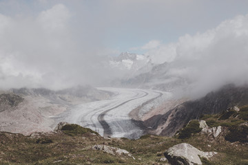 Panorama of mountains scene, walk through the great Aletsch Glacier