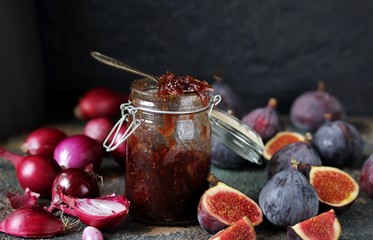 figs and onion confiture or marmalade. unusual jam. French cuisine. suitable for hot cheese, pâté and foie gras.