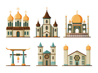 Religion buildings flat. Lutheran and christian church muslim mosque architectural traditional buildings. Church and mosque building, architecture religion temple and cathedral illustration