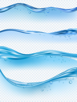 Wave realistic. Water splashes liquid surface with bubbles transparent aqua flowing vector wave picture set