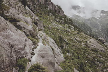 Panorama of mountains on route of Trift Bridge in national park Switzerland