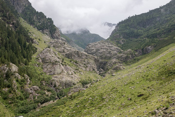 Panorama of mountains on route of Trift Bridge in national park Switzerland
