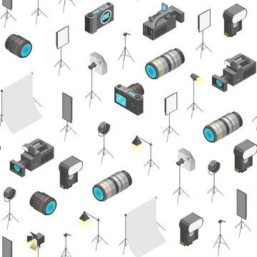 Photo Studio Equipment Signs 3d Seamless Pattern Background Isometric View. Vector