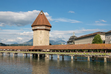Panoramic view of Lucerne city with Chapel Bridge and river Reuss