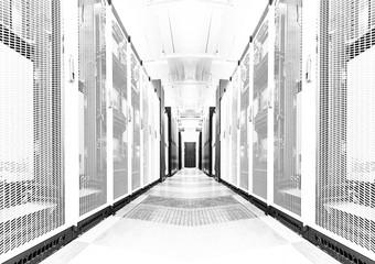 Bright server room data center storage interior. black and white toning