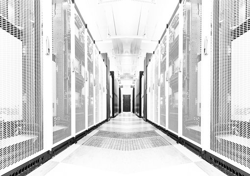 Bright server room data center storage interior. black and white toning