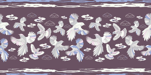 Illustration of birds, blue jay, falcons and clouds.