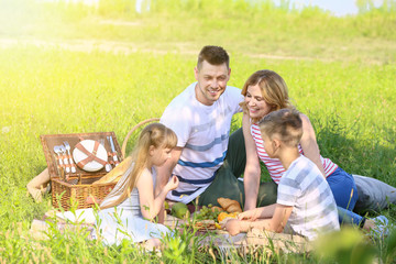 Happy family on summer picnic in park