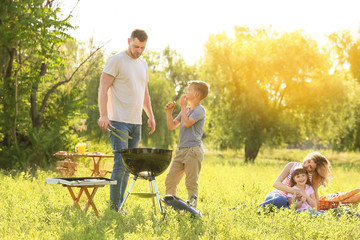 Happy family on summer picnic in park