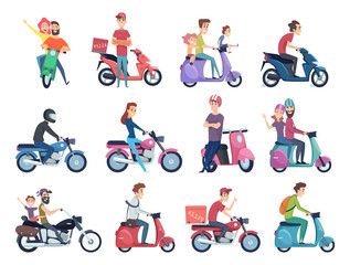 Fototapeta premium Motorcycle riders. Male and female drivers in helmet on bike fast courier characters vector pictures collection. Motorcycle driver courier, bike scooter delivery, moped deliver illustration