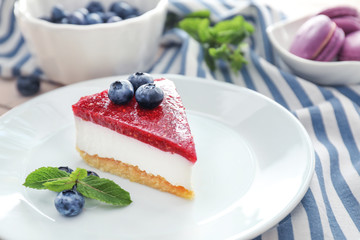 Tasty blueberry dessert on plate
