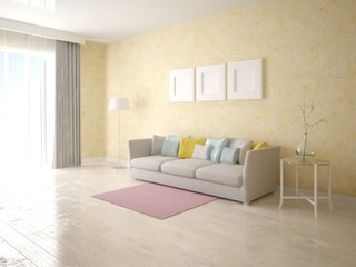 Mock up stylish living room with trendy compact sofa and original decorative plaster.