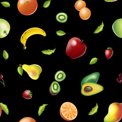 seamless pattern with fresh fruits on black background