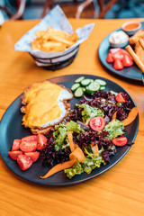 Breakfast on the table at the restaurant or cafe.