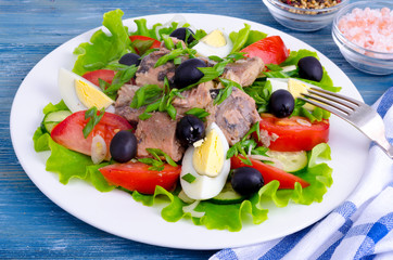 Salad of fresh vegetables, egg, canned fish and olives. 