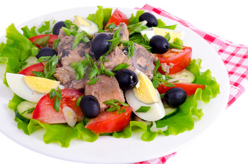 Salad of fresh vegetables, egg, canned fish and olives. 