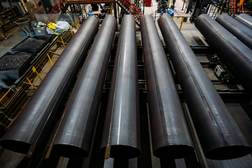 Steel pipes in warehouse, top view