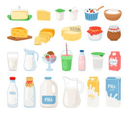 Dairy products, milk, cheese yoghurt and ice cream. Cheese and milk, food healthy. Vector illustration