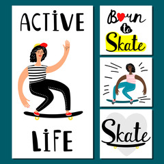 Active life girl vector banners. Teenage skateboarding illustration. Skateboard sport, lifestyle activity and healthy skateboarding