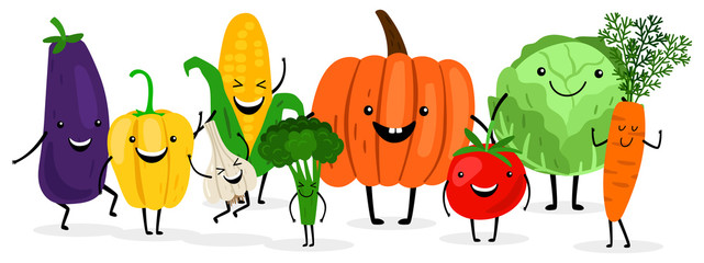 Cute cartoon vegetables isolated on white backgroung. Harvest season illustration. Vegetable pumpkin and tomato, carrot and cabbage