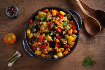 Vegetable stew: aubergines, paprika pepper, tomatoes, zucchini, carrots and onions. Stewed...
