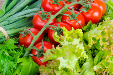 Vegetable background, lettuce, tomatoes and green onions.