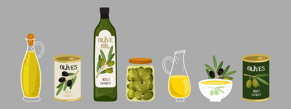 Olive products vector collection. Olive oil, branches, bottles illustration. Olive oil jug, capacity bottle and canned olive