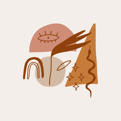 Modern abstract shapes. Crystals, snakes and cacti plants. Eye of Providence. Astrology, alchemy, boho and magical symbols. Vector.
