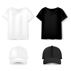 T-shirts And Baseball Caps On White Background