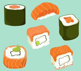 Sushi set in flat cartoon style. Vector isolates
