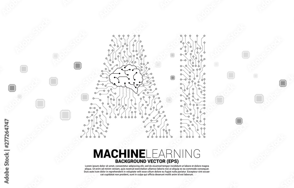 Poster AI from circuit line graphic with brain icon. concept of machine learning and Artificial Intelligence technology