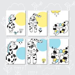 Set of Greeting cards with cute giraffe, lion and tiger on white background.