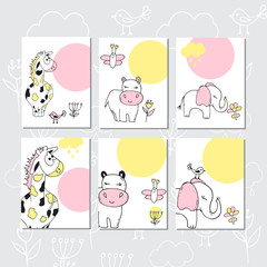 Set of Greeting cards with cute giraffe, elephant and hippopotamus on white background.