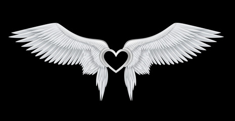 silver heart on white realistic angel wings