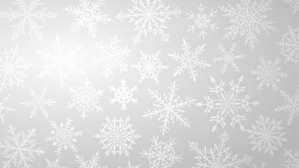 Christmas background with various complex big and small snowflakes in white colors