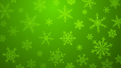 Christmas background with various complex big and small snowflakes in green colors