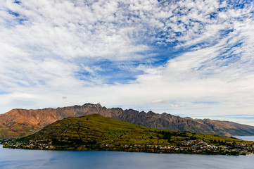 Queenstown New Zealand View with Mountains and Lake. 