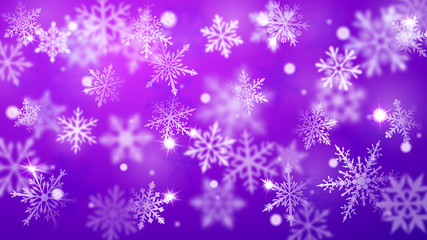 Fototapeta na wymiar Christmas blurred background of complex defocused big and small falling snowflakes in blue and purple colors with bokeh effect
