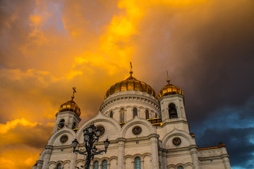 Cathedral of Christ the Saviour in Moscow Russia on the background of picturesque colored clouds