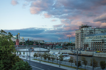 Fototapeta premium Panoramic view of the summer Moscow Russia and the river with pleasure boats