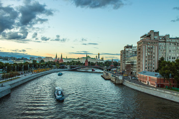 Panoramic view of the summer Moscow Russia and the river with pleasure boats