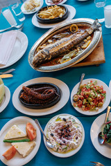 Turkish or Greek restaurant table and food dinner cuisine culture from top view. Traditional Greek ouzo or turkish raki with grilled or fried fish and appetizers on dinner table at restaurant. 