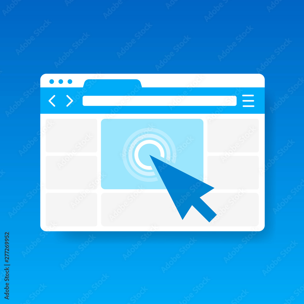 Poster mouse arrow click on browser web site window vector icon, cursor clicking on internet website page i