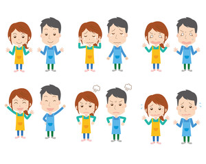 保育士　店員　エプロン　男性　女性　表情　セット