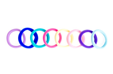 Colored accessories, hair ties, isolated on white.