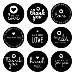 Set labels and bages for sellers including ''thank you'', ''handmade'', ''made with love'' and ''for you'' labels. Vector illustration