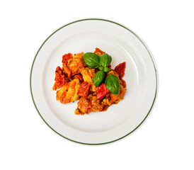 Chicken breast fillet braised with vegetables, paprika.