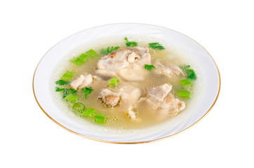 Broth with chicken meat Isolated on White background