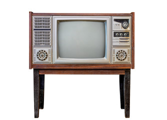 Vintage tv - antique wooden box television isolated on white with clipping path for object. retro technology