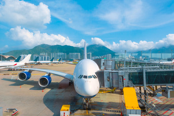 Jet flights dock in an airport